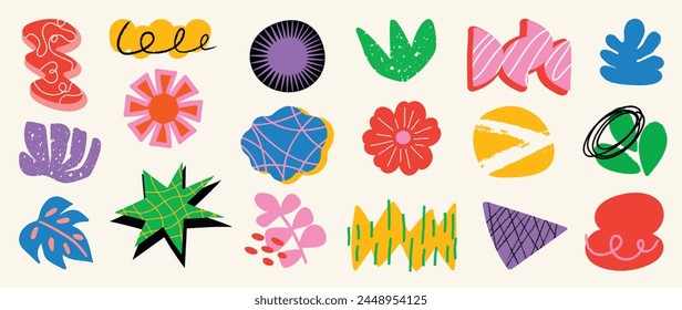 Set of abstract retro organic shapes vector. Collection of contemporary figure, flower, leaf, mountain in funky groovy style. Cute hippie design element perfect for banner, print, stickers.