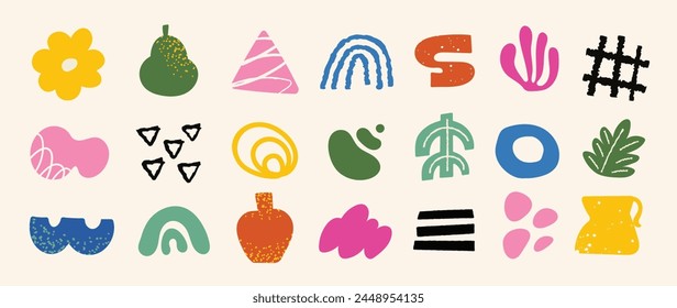 Set of abstract retro organic shapes vector. Collection of contemporary figure, flower, leaf, vase, mountain in funky groovy style. Cute hippie design element perfect for banner, print, stickers.