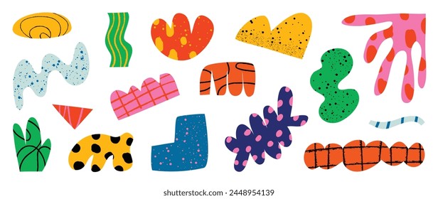 Set of abstract retro organic shapes vector. Collection of contemporary figure, flower, leaf, vase, mountain in funky groovy style. Cute hippie design element perfect for banner, print, stickers.