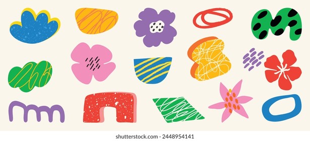 Set of abstract retro organic shapes vector. Collection of contemporary figure, flower, leaf, mountain in funky groovy style. Cute hippie design element perfect for banner, print, stickers.