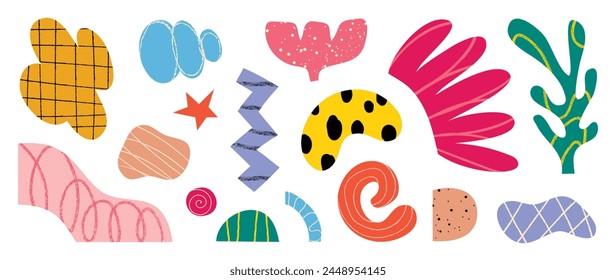 Set of abstract retro organic shapes vector. Collection of contemporary figure, flower, leaf, vase, mountain in funky groovy style. Cute hippie design element perfect for banner, print, stickers.