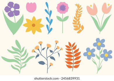  Set of abstract retro organic shapes in trendy Matisse art style. Collection of contemporary figure, flower, foliage. Cute hippie design element for banner, print, stickers, cover, template