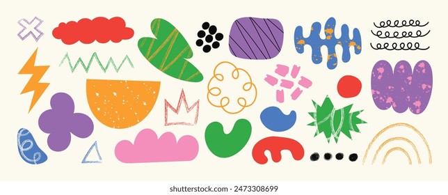 Set of abstract retro organic shapes vector. Collection of contemporary figure, cloud, sparkle, crown, thunderbolt in funky groovy style. Cute hippie design element perfect for banner, print, sticker.