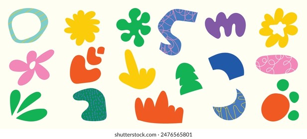 Set of abstract retro organic shapes vector. Collection of contemporary figure, cloud, sparkle, bubble, flower in funky groovy style. Cute hippie design element perfect for banner, print, sticker.