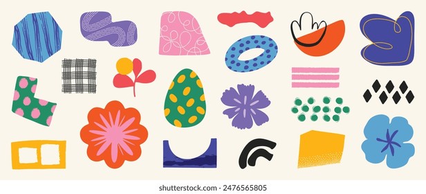 Set of abstract retro organic shapes vector. Collection of contemporary figure, cloud, sparkle, bubble, flower in funky groovy style. Cute hippie design element perfect for banner, print, sticker.