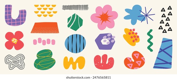 Set of abstract retro organic shapes vector. Collection of contemporary figure, cloud, sparkle, bubble, flower in funky groovy style. Cute hippie design element perfect for banner, print, sticker.