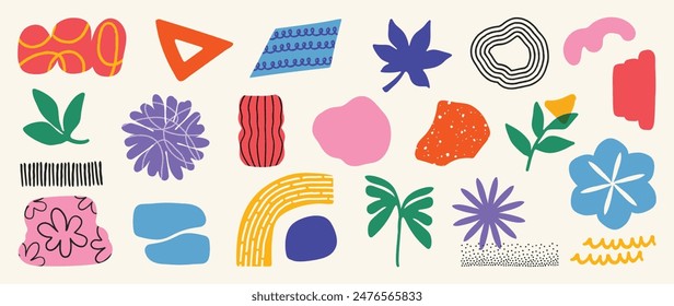 Set von abstrakten Retro-organischen Formen Vektorgrafik. Kollektion von zeitgenössischer Figur, Wolke, Funkel, Blase, Blume im funky groovigen Stil. Nettes Hippie-Design-Element perfekt für Banner, Druck, Aufkleber.