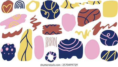 Set of abstract retro organic shapes vector. Collection of contemporary figure, cloud, sparkle, bubble, flower in funky groovy style. Cute hippie design element perfect for banner, print, sticker.