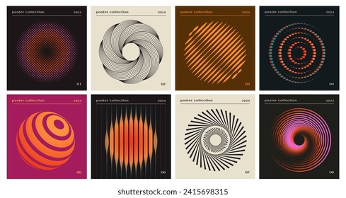 Set of abstract retro posters with circles. Geometric flyers with unusual shapes and inscriptions. Music Album Cover or Swiss Design. Cartoon flat vector illustrations isolated on white background