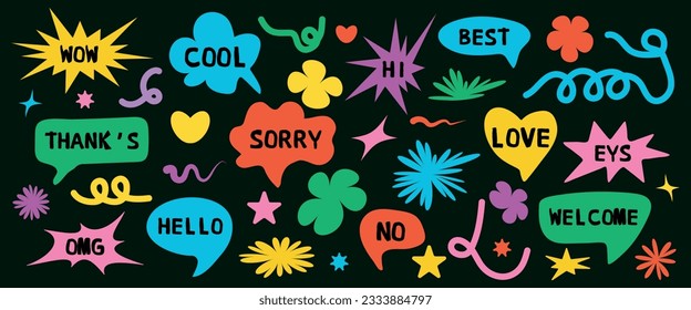 A set of abstract retro shapes with the slogan Hello, Welcome, Love, Sorry, etc. A modern set of vector stickers in the style of the 90s.