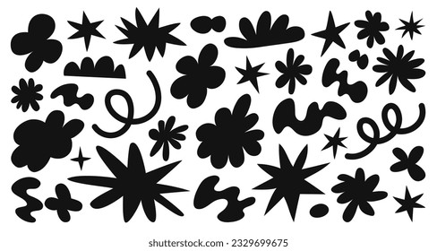 Set of abstract retro shapes. Vector sticker pack. Collection of contemporary forms, funny flower, bubble, star, loop in trendy 70s, 90s groovy cartoon style.