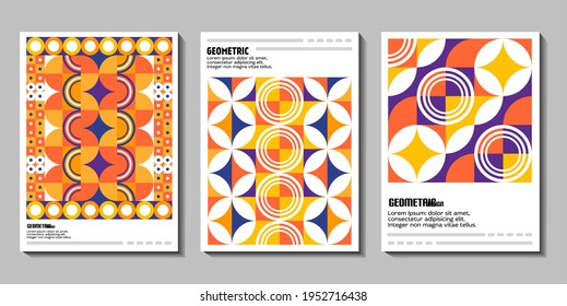 Set of abstract retro style posters featuring vibrant geometric patterns in orange, purple, yellow, and white.design present symmetrical and circular elements with a bold