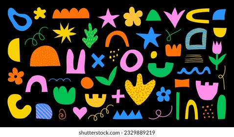 Set of abstract retro Y2K naive hand drawn organic shapes. Vector doodle collection of colorful matisse figures, flowers, stars in 70s groovy style