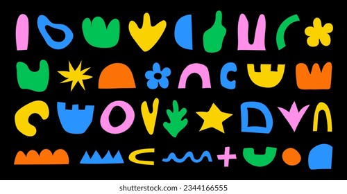 Set of abstract retro Y2K naive hand drawn organic shapes. Vector doodle collection of colorful matisse figures, flowers, stars in 70s groovy style