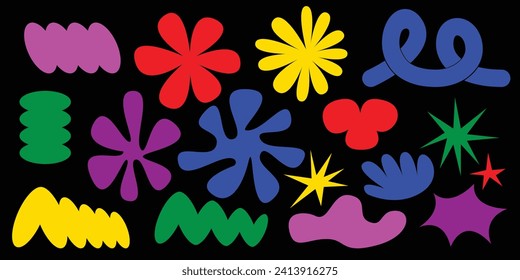 Set of abstract retro y2k shapes. Vector sticker pack. Collection of modern forms, funny flower, bubble, star, loop in trendy 70s, 90s groovy cartoon style