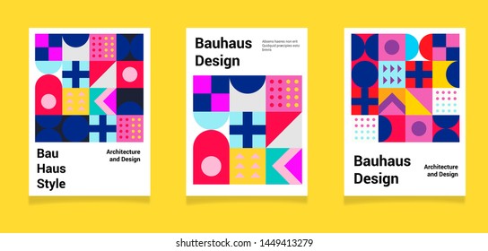 Set of abstract retrofuturistic geometric minimal vector posters. Bauhaus retro style.