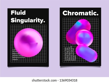 Set of abstract retrofuturistic vector posters with geometric composition of vibrant chromatic oily 3d shapes. Minimal unique vaporwave/ synthwave cover design template for party event.