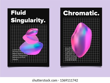 Set of abstract retrofuturistic vector posters with geometric composition of vibrant chromatic oily 3d shapes. Minimal unique vaporwave/ synthwave cover design template for party event.