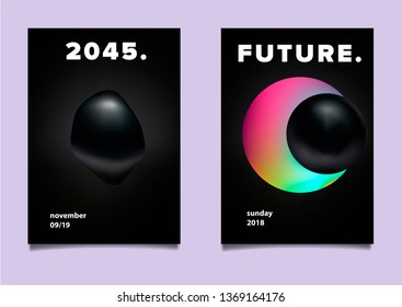 Set of abstract retrofuturistic vector posters with geometric composition of vibrant chromatic oily 3d shapes. Minimal unique vaporwave/ synthwave cover design template for party event.