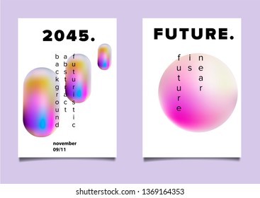 Set of abstract retrofuturistic vector posters with geometric composition of vibrant chromatic oily 3d shapes. Minimal unique vaporwave/ synthwave cover design template for party event.