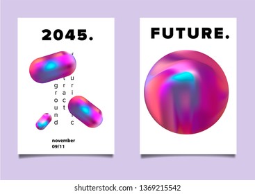 Set of abstract retrofuturistic vector posters with geometric composition of vibrant chromatic oily 3d shapes. Minimal unique vaporwave/ synthwave cover design template for party event.
