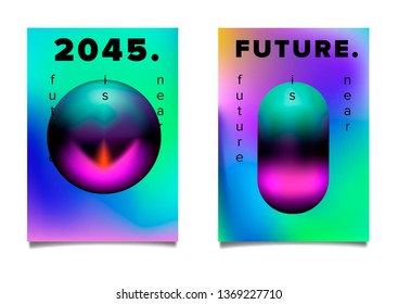 Set of abstract retrofuturistic vector posters with geometric composition of vibrant chromatic oily 3d shapes. Minimal unique vaporwave/ synthwave cover design template for party event.