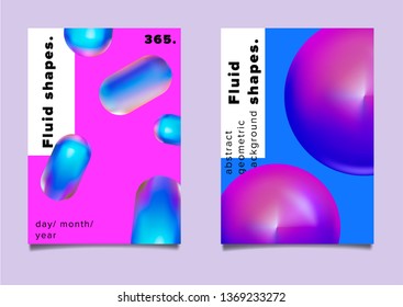 Set of abstract retrofuturistic vector posters with geometric composition of vibrant chromatic oily 3d shapes. Minimal unique vaporwave/ synthwave cover design template for party event.