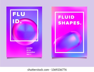 Set of abstract retrofuturistic vector posters with geometric composition of vibrant chromatic oily 3d shapes. Minimal unique vaporwave/ synthwave cover design template for party event.