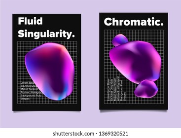 Set of abstract retrofuturistic vector posters with geometric composition of vibrant chromatic oily 3d shapes. Minimal unique vaporwave/ synthwave cover design template for party event.