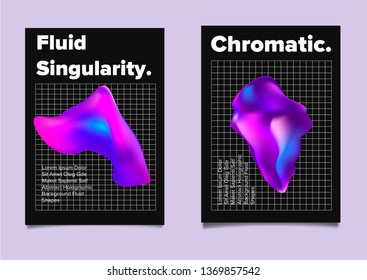 Set of abstract retrofuturistic vector posters with geometric composition of vibrant chromatic oily 3d shapes. Minimal unique vaporwave/ synthwave cover design template for party event.