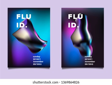 Set of abstract retrofuturistic vector posters with geometric composition of vibrant chromatic oily 3d shapes. Minimal unique vaporwave/ synthwave cover design template for party event.