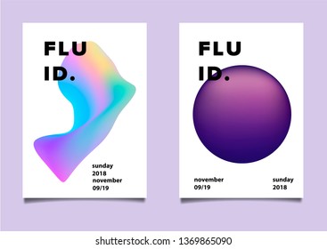 Set of abstract retrofuturistic vector posters with geometric composition of vibrant chromatic oily 3d shapes. Minimal unique vaporwave/ synthwave cover design template for party event.