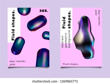 Set of abstract retrofuturistic vector posters with geometric composition of vibrant chromatic oily 3d shapes. Minimal unique vaporwave/ synthwave cover design template for party event.