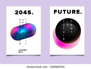 Set of abstract retrofuturistic vector posters with geometric composition of vibrant chromatic oily 3d shapes. Minimal unique vaporwave/ synthwave cover design template for party event.