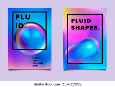 Set of abstract retrofuturistic vector posters with geometric composition of vibrant chromatic oily 3d shapes. Minimal unique vaporwave/ synthwave cover design template for party event.