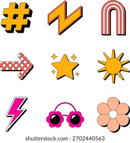 Set of abstract retro-style graphic elements: lightning, star, sun, headphones, flower, and shapes.