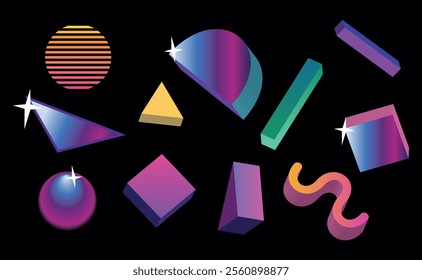 Set of abstract retrowave geometric shapes isolated on black background, vector