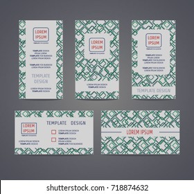 Set of abstract rhombus shaped background. Modern design with geometric mosaic for business. Colorful stylish visit card with green, red and blue pattern drawing. Vector illustration.