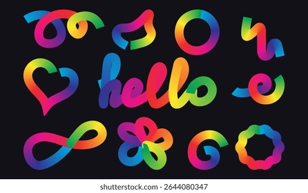 Set of abstract ribbon elements with gradient transitions in rainbow hues in black background.Curved and twisted shapes ideal for festive designs, digital artwork and modern compositions.Vector