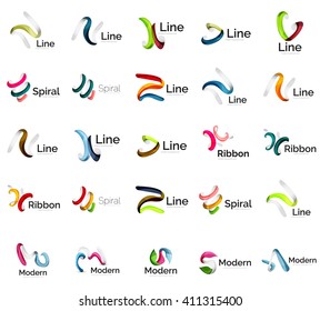 Set of abstract ribbon logo icons - multicolored shiny wave, swirl, spiral designs. Curve stripe shape. Universal various branding logotype company emblem ideas and branding business identity