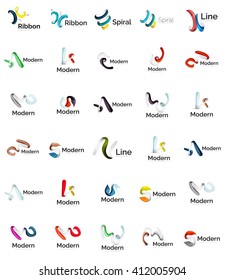 Set of abstract ribbon logo icons - multicolored shiny wave, swirl, spiral designs. Curve stripe shape. Universal various branding logotype company emblem ideas and branding business identity