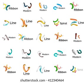 Set of abstract ribbon logo icons - multicolored shiny wave, swirl, spiral designs. Curve stripe shape. Universal various branding logotype company emblem ideas and branding business identity