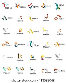 Set of abstract ribbon logo icons - multicolored shiny wave, swirl, spiral designs. Curve stripe shape. Universal various branding logotype company emblem ideas and branding business identity