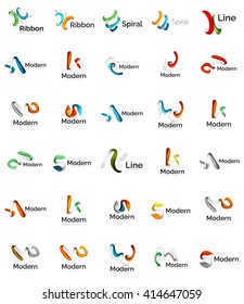 Set of abstract ribbon logo icons - multicolored shiny wave, swirl, spiral designs. Curve stripe shape. Universal various branding logotype company emblem ideas and branding business identity