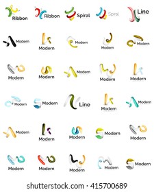 Set of abstract ribbon logo icons - multicolored shiny wave, swirl, spiral designs. Curve stripe shape. Universal various branding logotype company emblem ideas and branding business identity