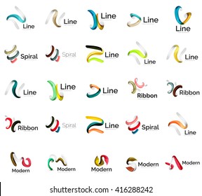 Set of abstract ribbon logo icons - multicolored shiny wave, swirl, spiral designs. Curve stripe shape. Universal various branding logotype company emblem ideas and branding business identity