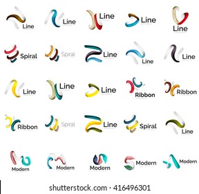 Set of abstract ribbon logo icons - multicolored shiny wave, swirl, spiral designs. Curve stripe shape. Universal various branding logotype company emblem ideas and branding business identity