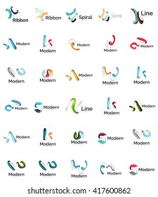 Set of abstract ribbon logo icons - multicolored shiny wave, swirl, spiral designs. Curve stripe shape. Universal various branding logotype company emblem ideas and branding business identity