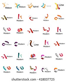 Set of abstract ribbon logo icons - multicolored shiny wave, swirl, spiral designs. Curve stripe shape. Universal various branding logotype company emblem ideas and branding business identity