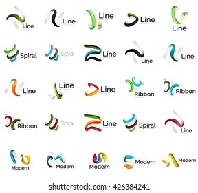 Set of abstract ribbon logo icons - multicolored shiny wave, swirl, spiral designs. Curve stripe shape. Universal various branding logotype company emblem ideas and branding business identity